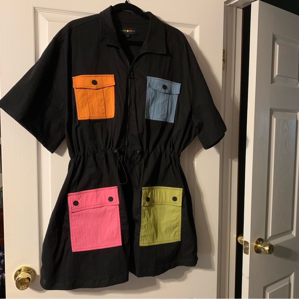 Teddy Fresh Black Dress with Colorful Pockets